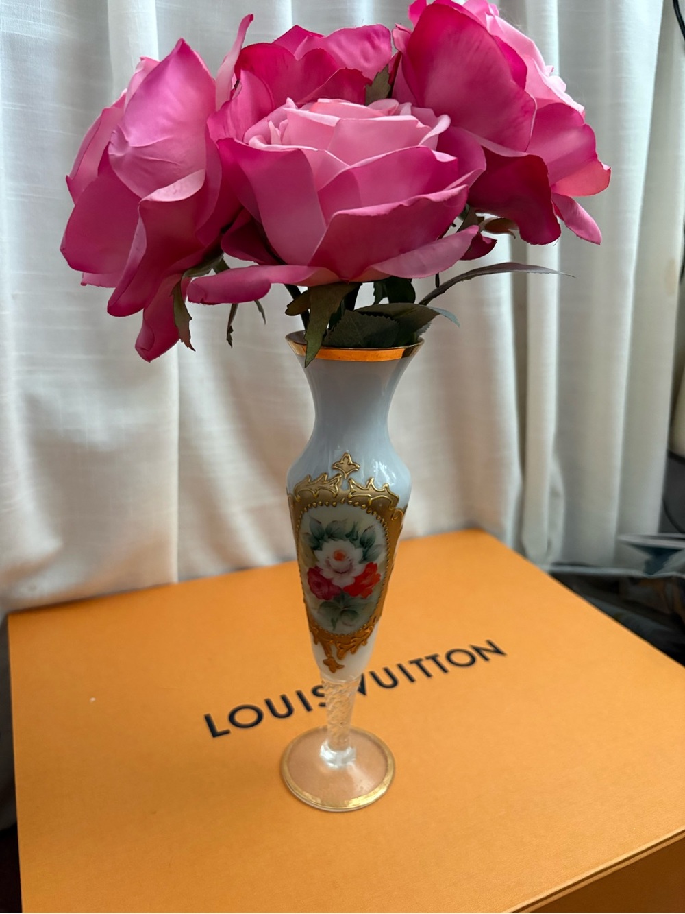 Decorative Pink Floral Porcelain Bud Vase with Gold Accents